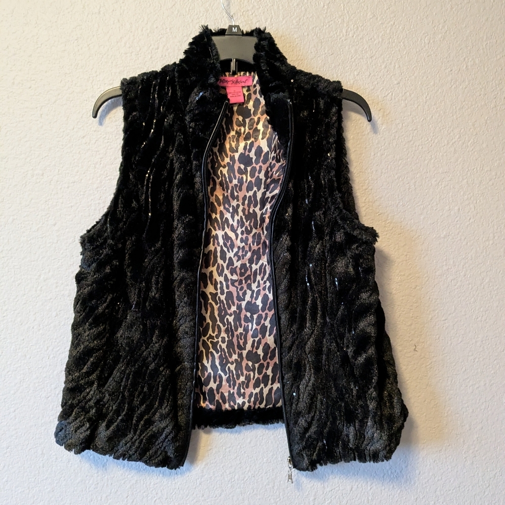 Betsey Johnson Black Faux Fur Zip Front Vest with Sequins and Leopard Lining Sz.